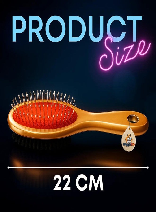 WiggleBoo 22cm Wooden Double Side Pet Brush - Dog & Cat Grooming Bathing Comb - Metal Pin Bristles & Soft Hair Bristles - Detangling & Deshedding Brush for All Breeds - Wood Handle Pet Grooming Tool - Image 3